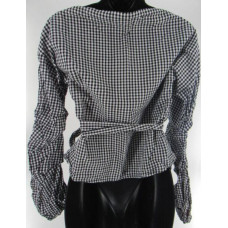Women's Plaid Black White Wrap Long-sleeved Top Blouse Shirt Size Small